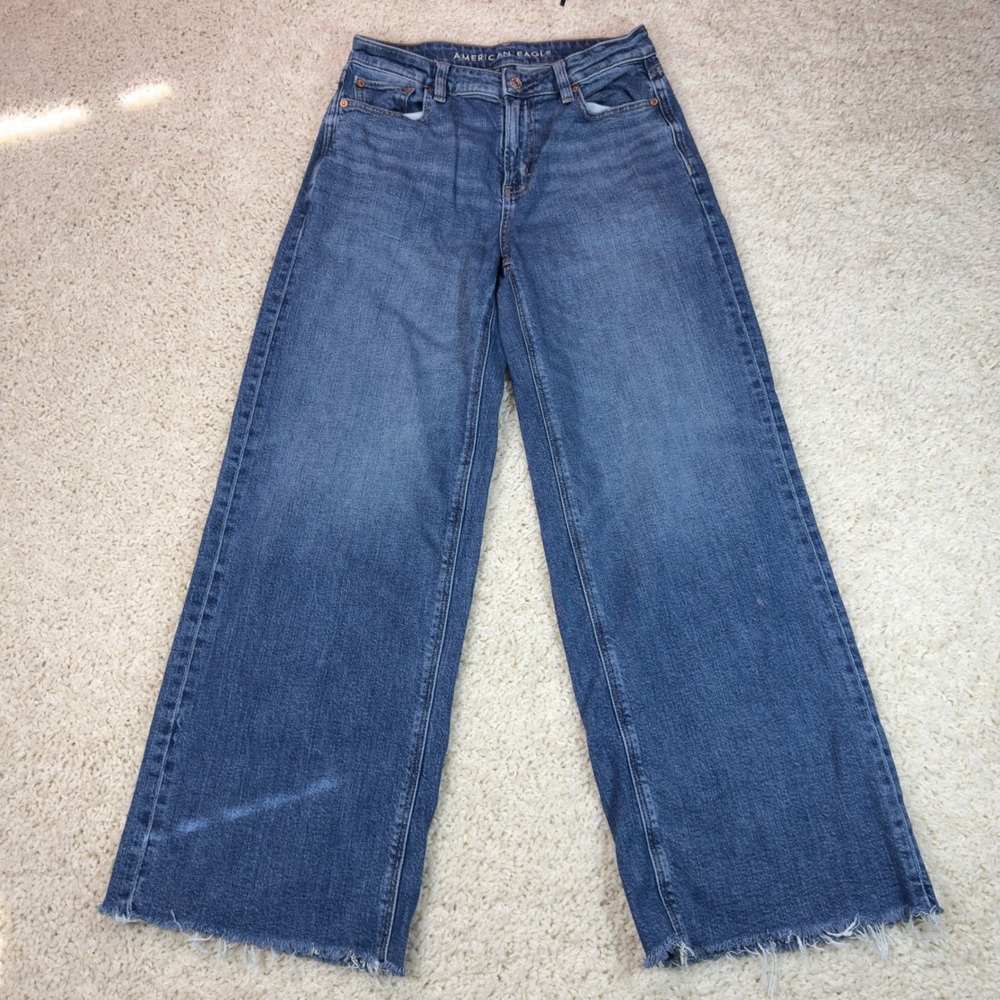 American Eagle Super High-Rise Baggy Wide Leg Jeans Women 4 Blue Raw Hem Denim